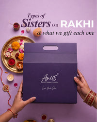 The AN45° gift box held over a Rakhi puja thali with marigolds and a diya — types of sisters on Rakhi and what we gift each one