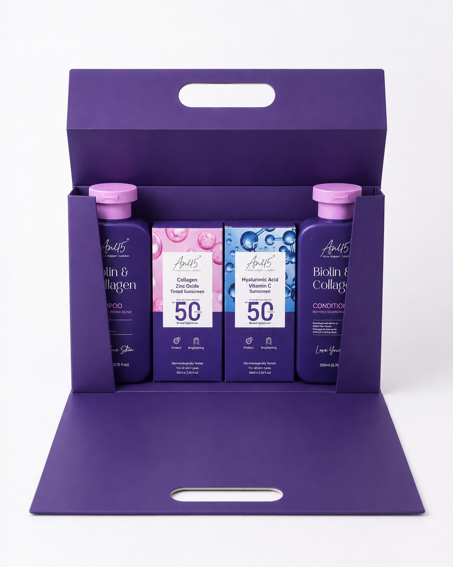 AN45° Rakhi Gift Hamper — the purple keepsake box opened, with the Biotin & Collagen Shampoo, SPF 50 Tinted Sunscreen, SPF 50 Sunscreen Fluid and Biotin & Collagen Conditioner inside