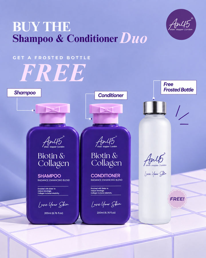 Buy the AN45 Biotin and Collagen Shampoo and Conditioner — as the Duo or separately — and get a free AN45 frosted water bottle