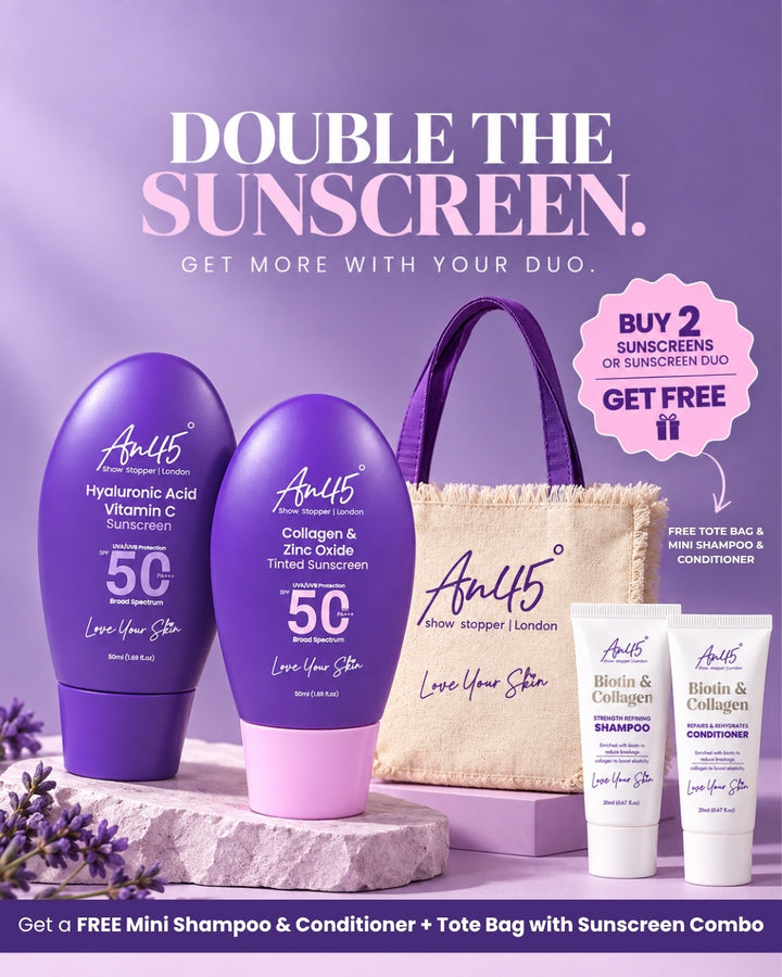 Buy two AN45 sunscreens or the Sunscreen Duo and get a free canvas tote bag plus a mini shampoo and conditioner