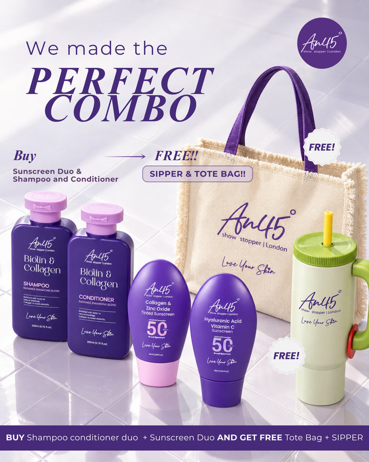 Buy the AN45 Sunscreen Duo with the Biotin shampoo and conditioner and get a free canvas tote bag and insulated sipper
