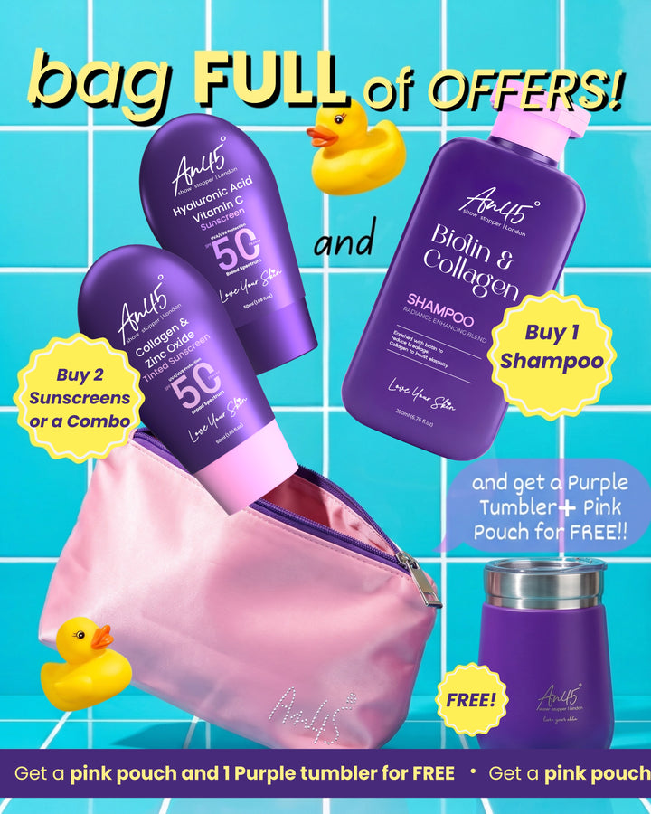 Buy two AN45 sunscreens plus the Biotin and Collagen Shampoo and get a free purple tumbler, premium pouch and tote bag