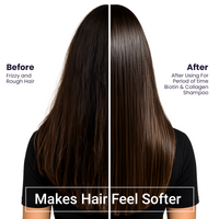 Before and after — frizzy, rough hair vs softer, smoother hair after using the Biotin & Collagen Shampoo