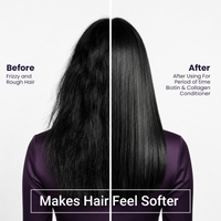 Before and after — frizzy, rough hair vs softer, smoother hair after using the Biotin & Collagen Conditioner