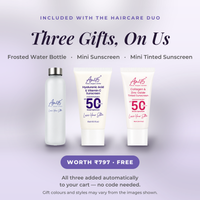AN45 offer card — included with the haircare duo: Frosted Water Bottle + Mini SPF 50 Sunscreen (15ml) + Mini SPF 50 Tinted Sunscreen (15ml) (auto)