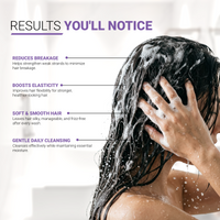 Results you'll notice — reduces breakage, boosts elasticity, soft and smooth hair, gentle daily cleansing